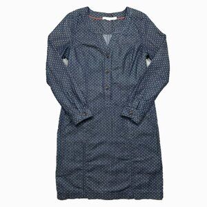 Boden Popover Dress Women's Size US 12R Chambray Polka Dot Blue White Pockets